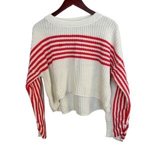 Aerie Striped Knit Sweater Womens Small Cream Red Cotton High Low Oversized Boho